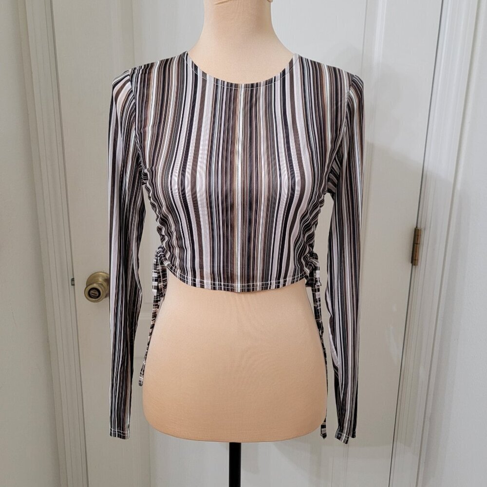 Le Lis Size S Brown, Green, Tan, Ivory Striped Drawstring Sides Long Sleeve Top
